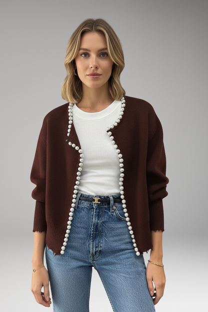 Women's Pearl Trim Cardigan Raw Hem