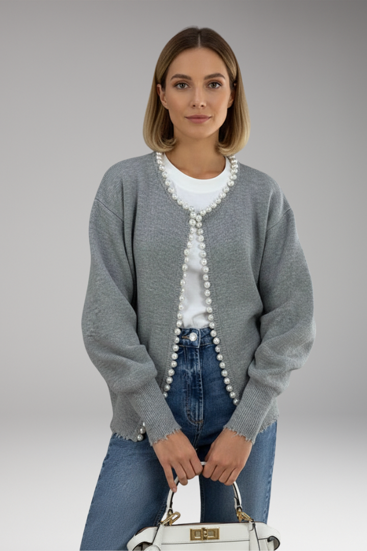 Women's Pearl Trim Cardigan Raw Hem