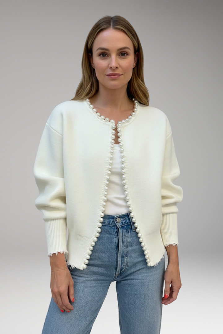 Women's Pearl Trim Cardigan Raw Hem