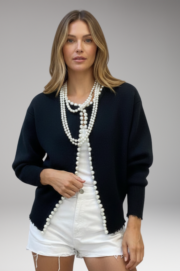 Women's Pearl Trim Cardigan Raw Hem