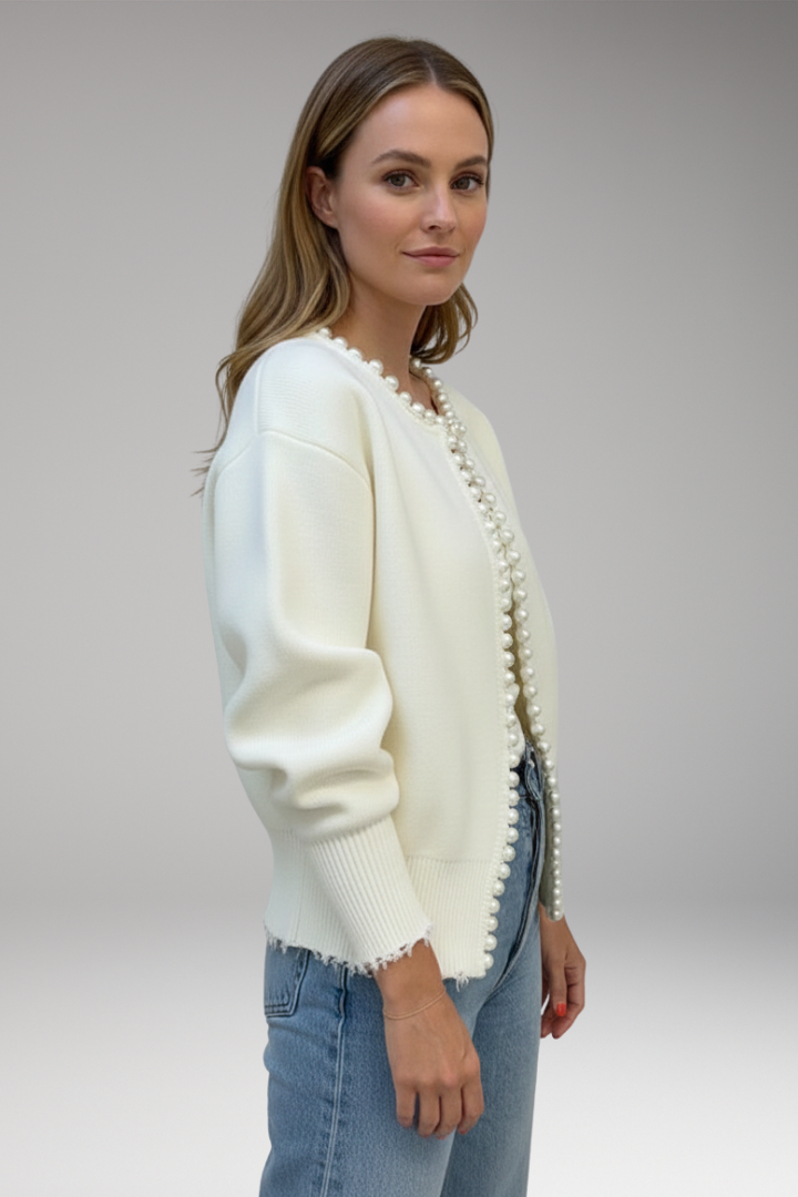Women's Pearl Trim Cardigan Raw Hem