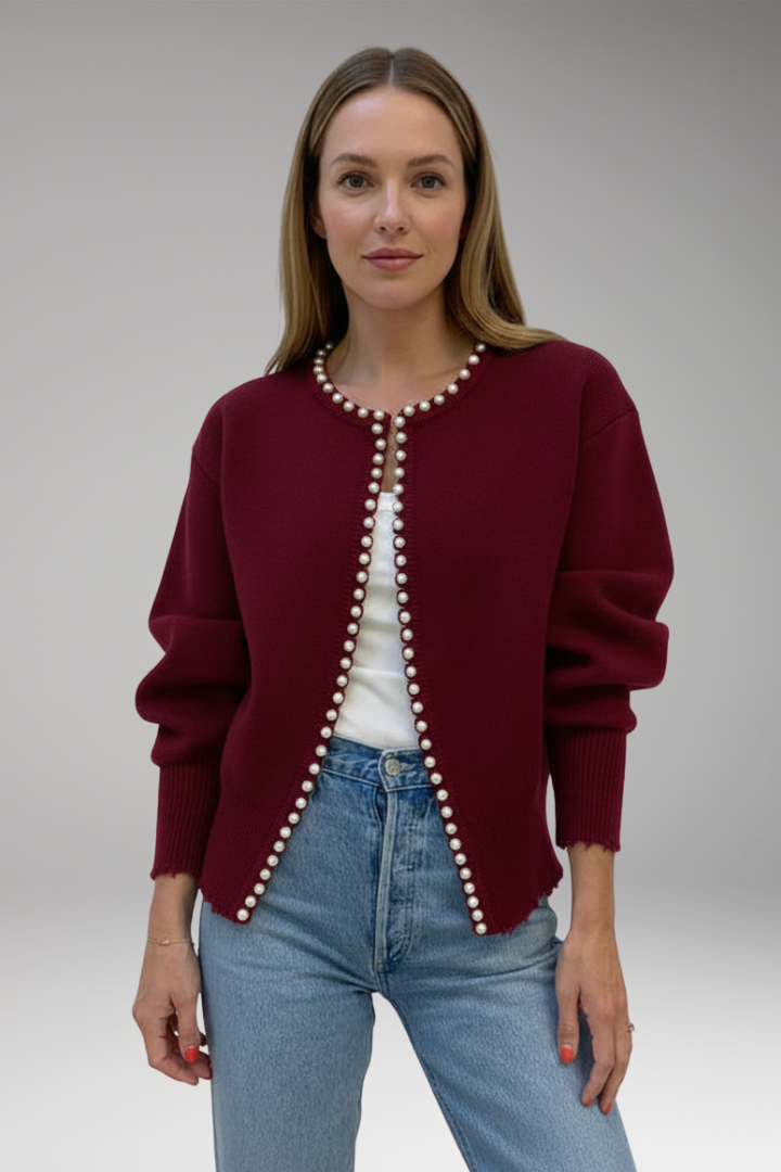 Women's Pearl Trim Cardigan Raw Hem