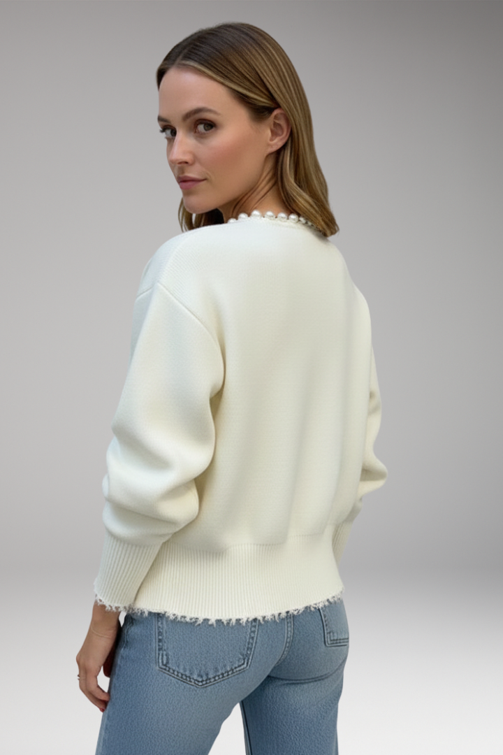 Women's Pearl Trim Cardigan Raw Hem
