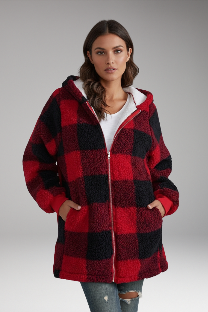 Women's Hooded Check Coat Zip Front