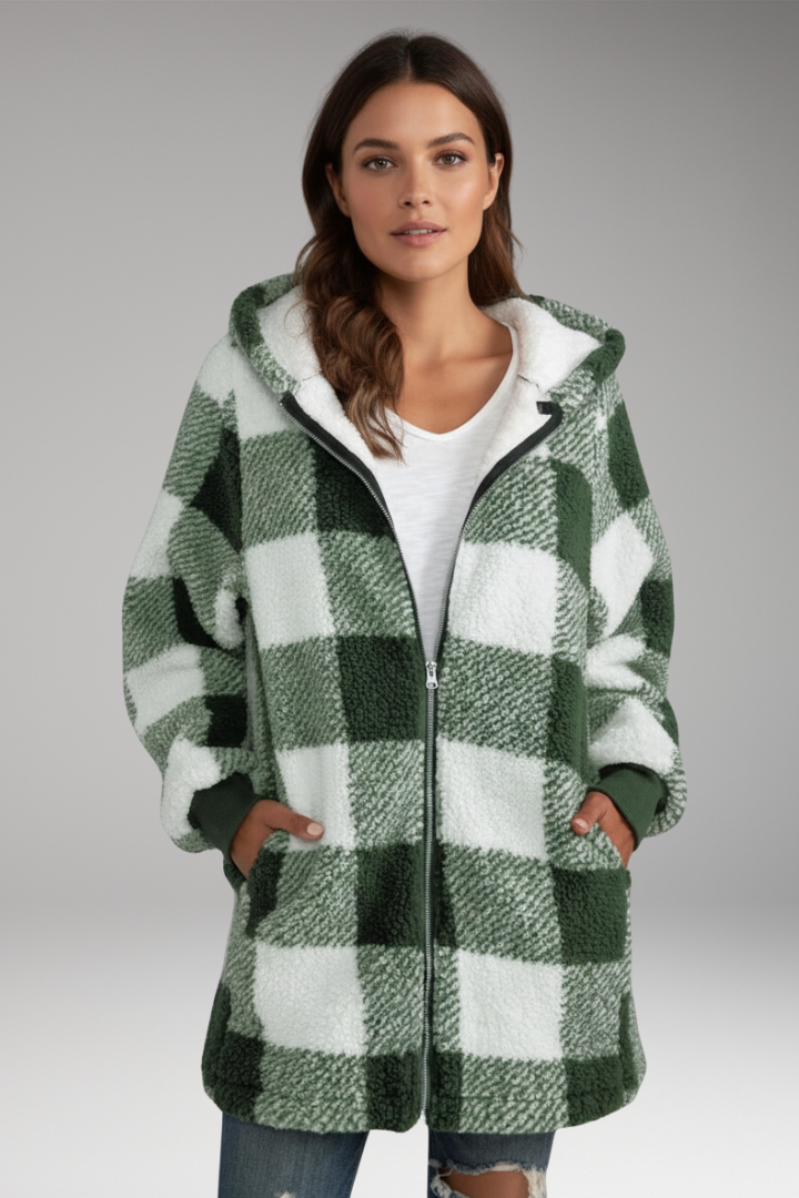 Women's Hooded Check Coat Zip Front