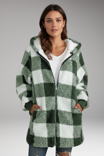 Women's Hooded Check Coat Zip Front
