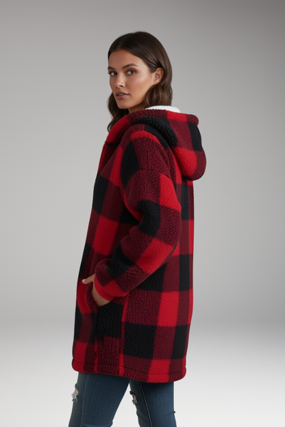 Women's Hooded Check Coat Zip Front