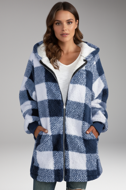 Women's Hooded Check Coat Zip Front