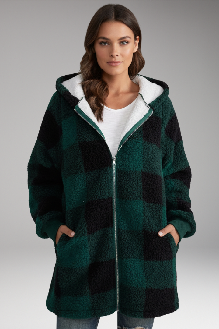 Women's Hooded Check Coat Zip Front