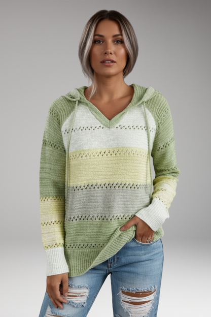 Women's V-Neck Hoodie Ribbed Hem