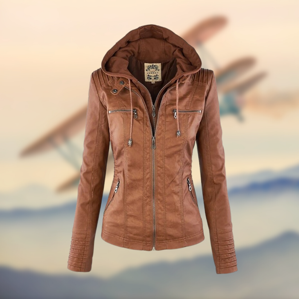 Women's Leather Jacket With Hood Casual Black