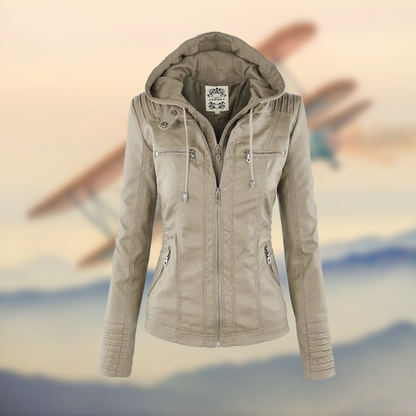 Women's Leather Jacket With Hood Casual Black