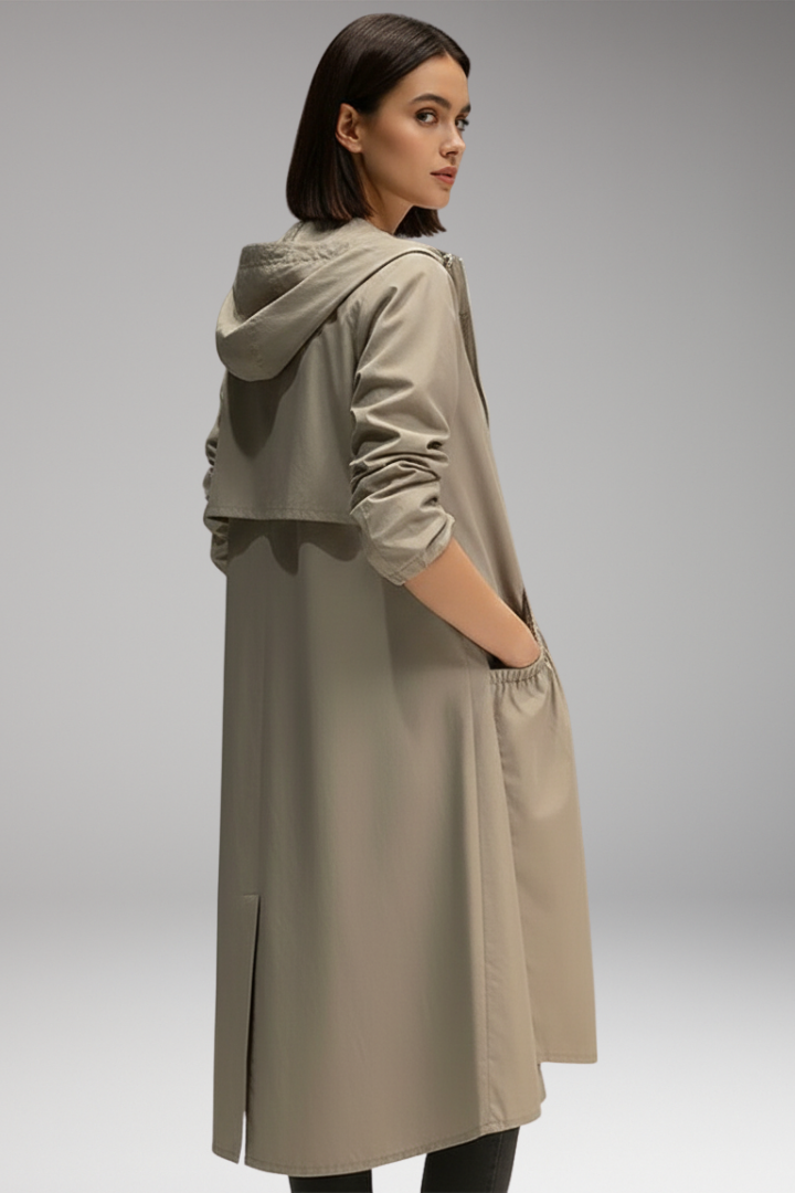 Women's Hooded Long Coat Waterproof Front Zipper