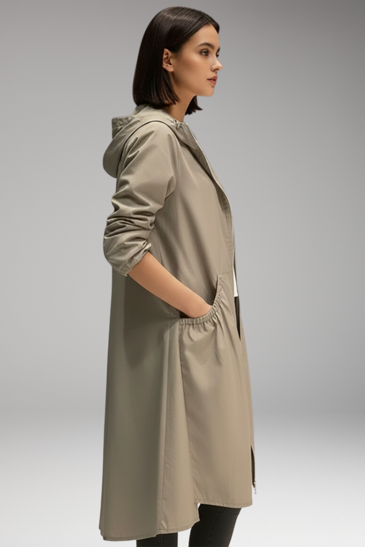 Women's Hooded Long Coat Waterproof Front Zipper