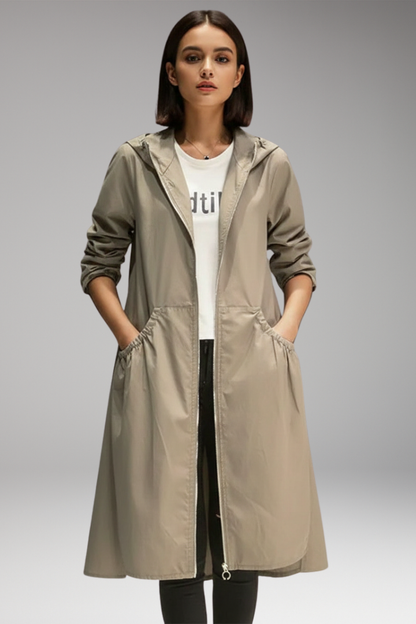 Women's Hooded Long Coat Waterproof Front Zipper