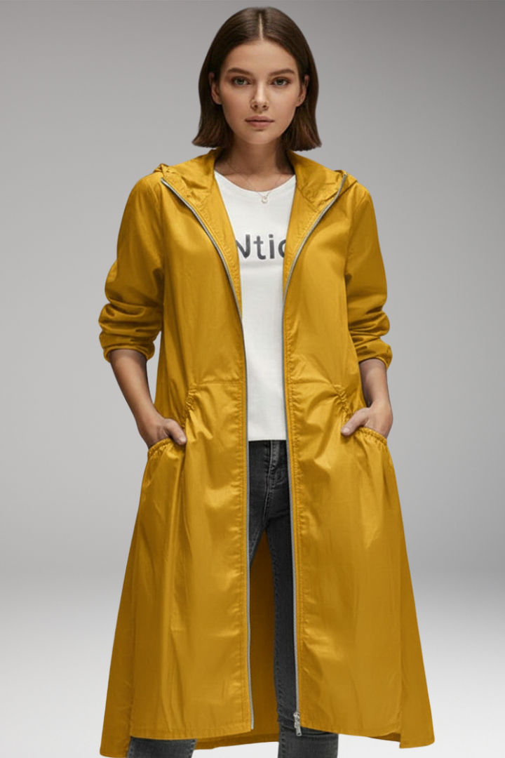 Women's Hooded Long Coat Waterproof Front Zipper