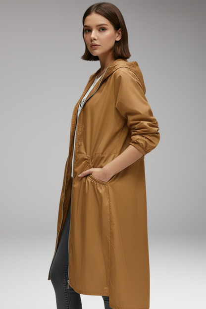 Women's Hooded Long Coat Waterproof Front Zipper