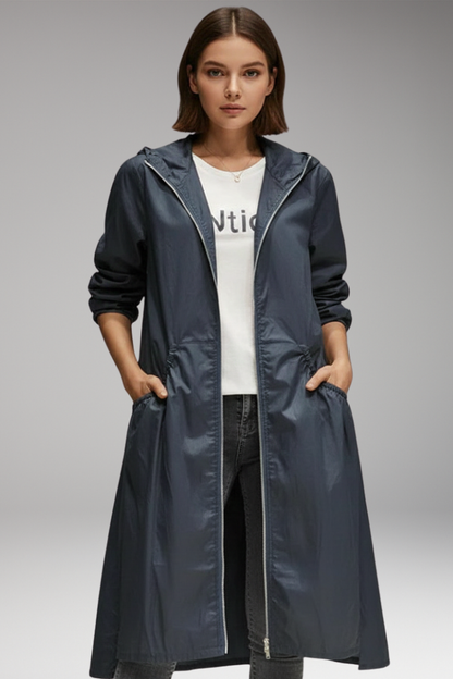 Women's Hooded Long Coat Waterproof Front Zipper