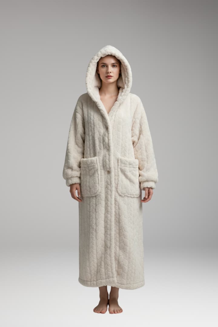 Women's Hooded Bathrobe Cotton Front Pockets Button Closure