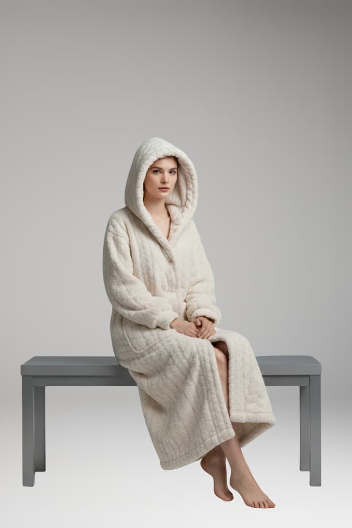 Women's Hooded Bathrobe Cotton Front Pockets Button Closure