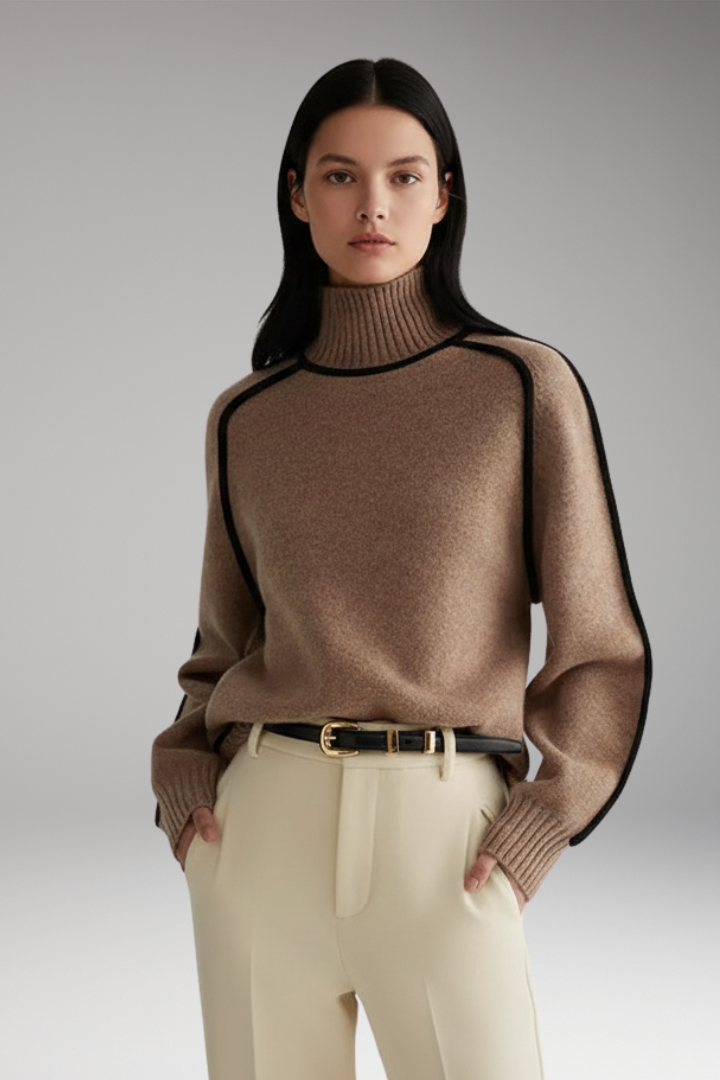Women's Turtleneck Sweater High Collar Piping Detail