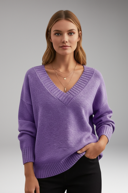Women's V-Neck Sweater Ribbed Knit