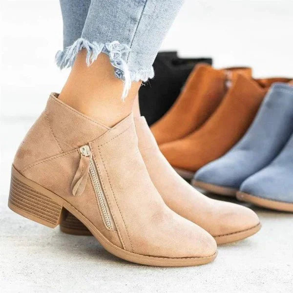 Women's Ankle Boots Zipper Round Toe Block Heel