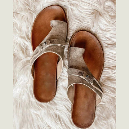 Women's Flat Sandals Slip-On Leather Boho Brown