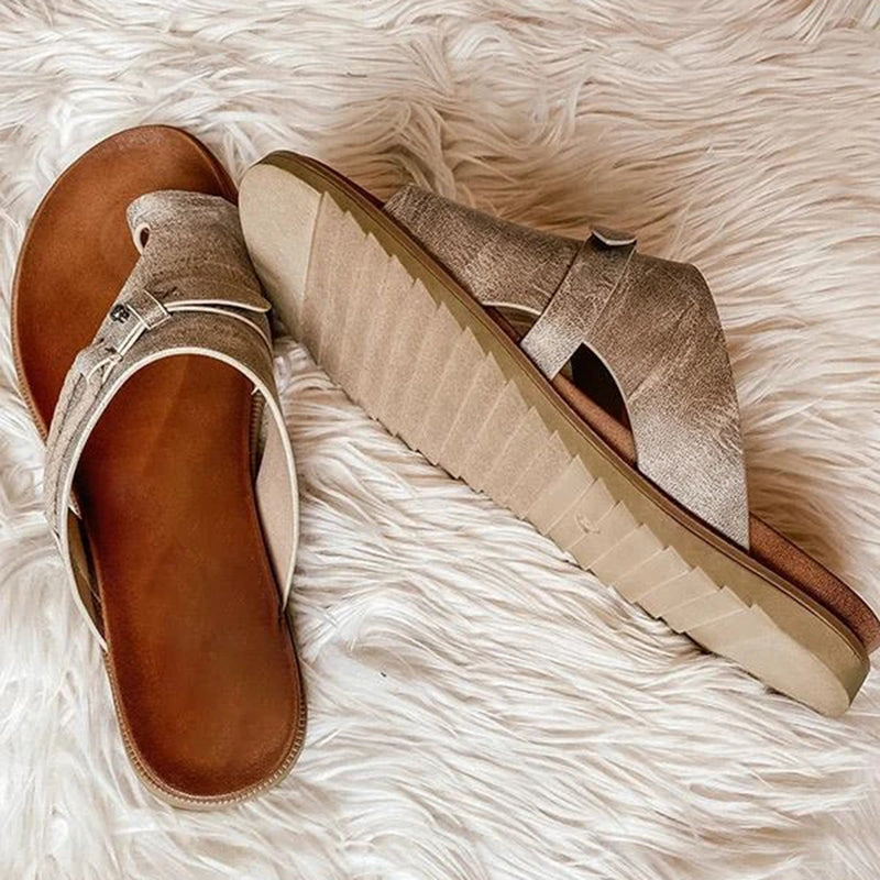 Women's Flat Sandals Slip-On Leather Boho Brown