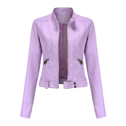 Women's Leather Jacket Zip Closure High Collar Adjustable Belt