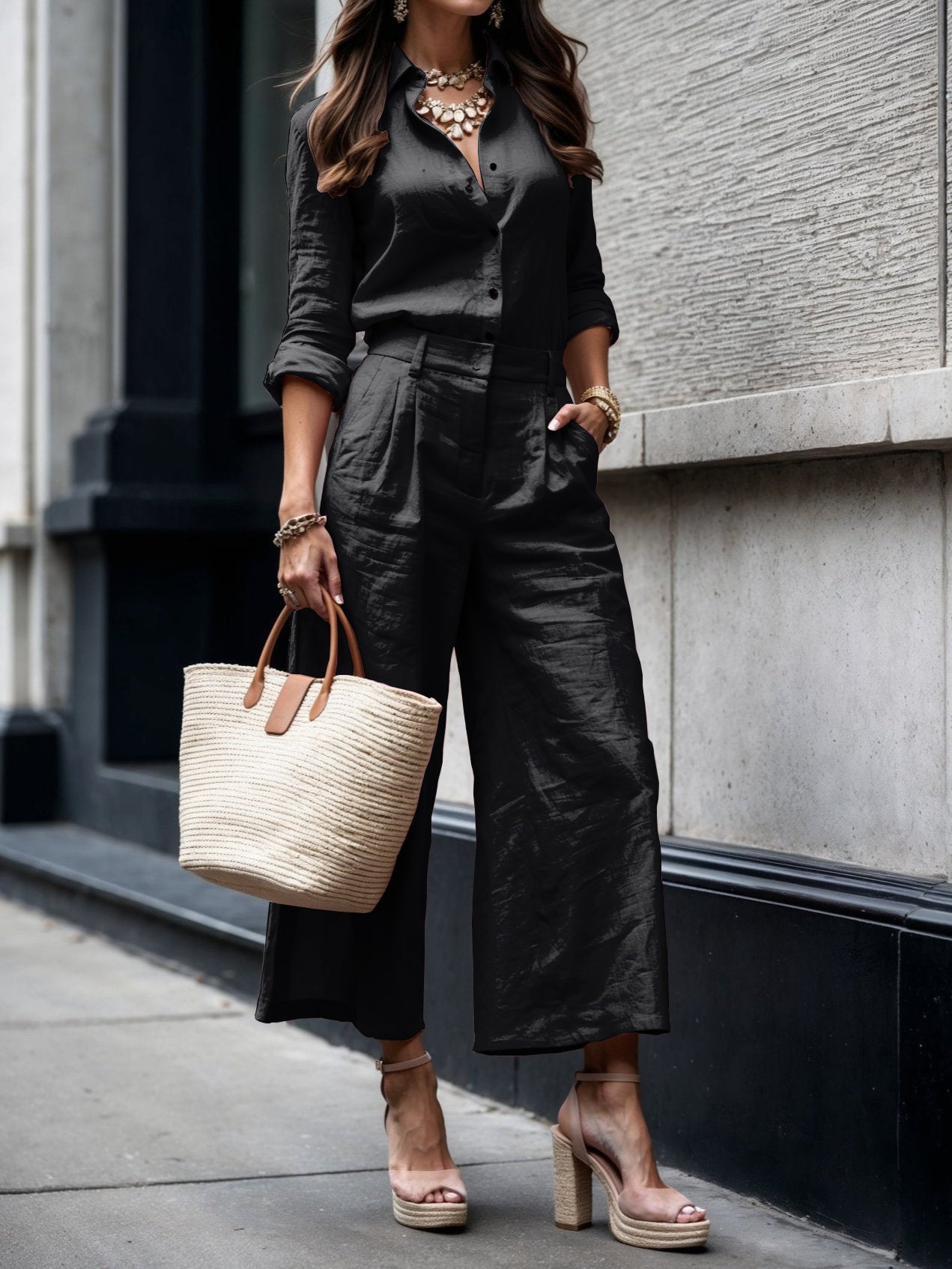 Women's Two Piece Set Button Wide Leg Pants