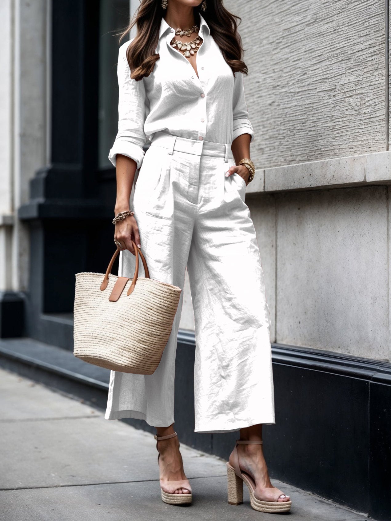 Women's Two Piece Set Button Wide Leg Pants