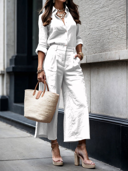 Women's Two Piece Set Button Front Shirt Wide Leg Pants