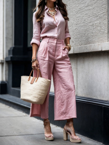 Women's Two Piece Set Button Front Shirt Wide Leg Pants - Vonnera
