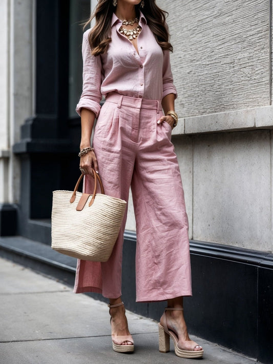 Women's Two Piece Set Button Front Shirt Wide Leg Pants - Vonnera