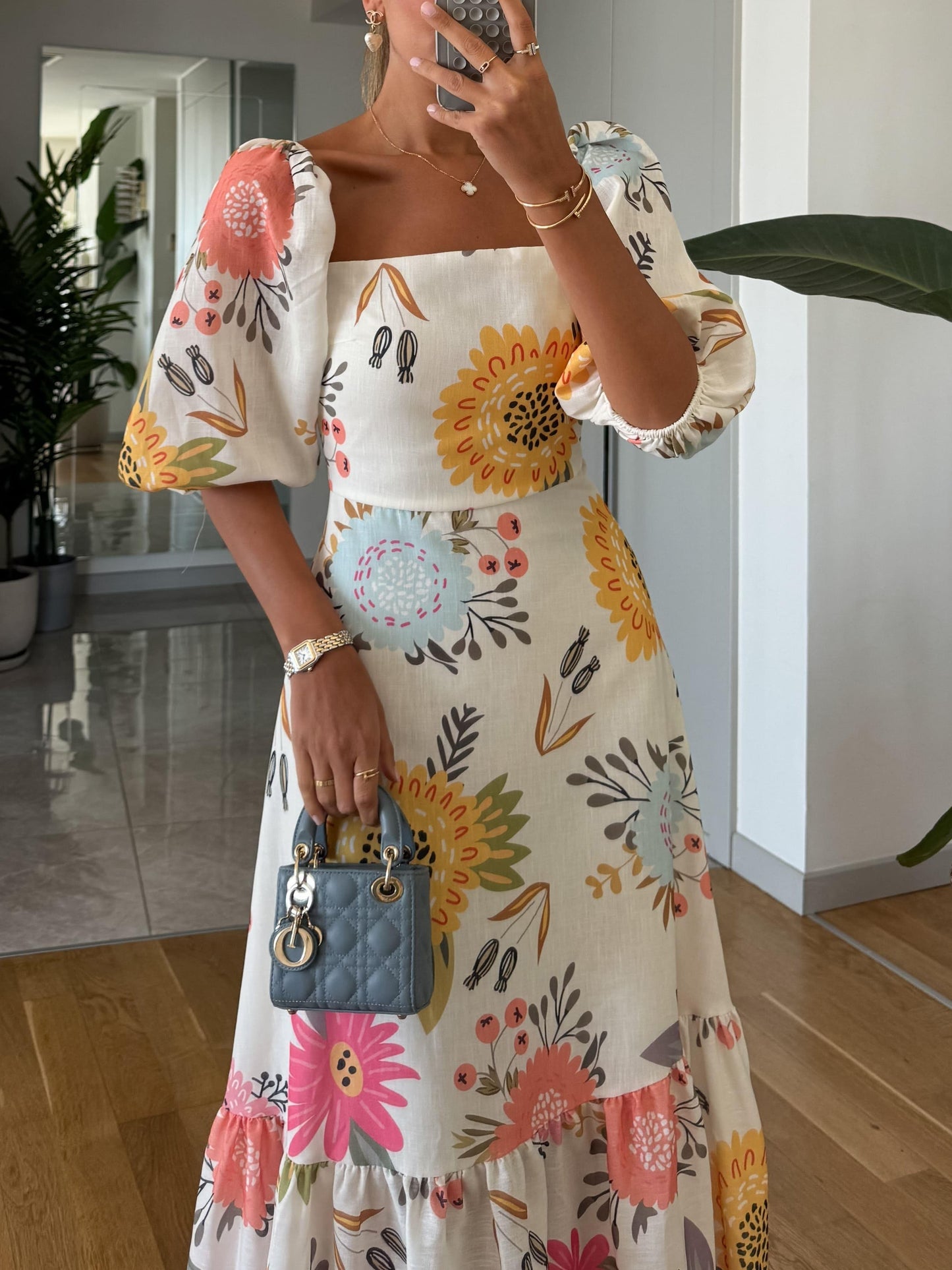 Women's Floral Print Midi Dress Puff Sleeve Square Neck