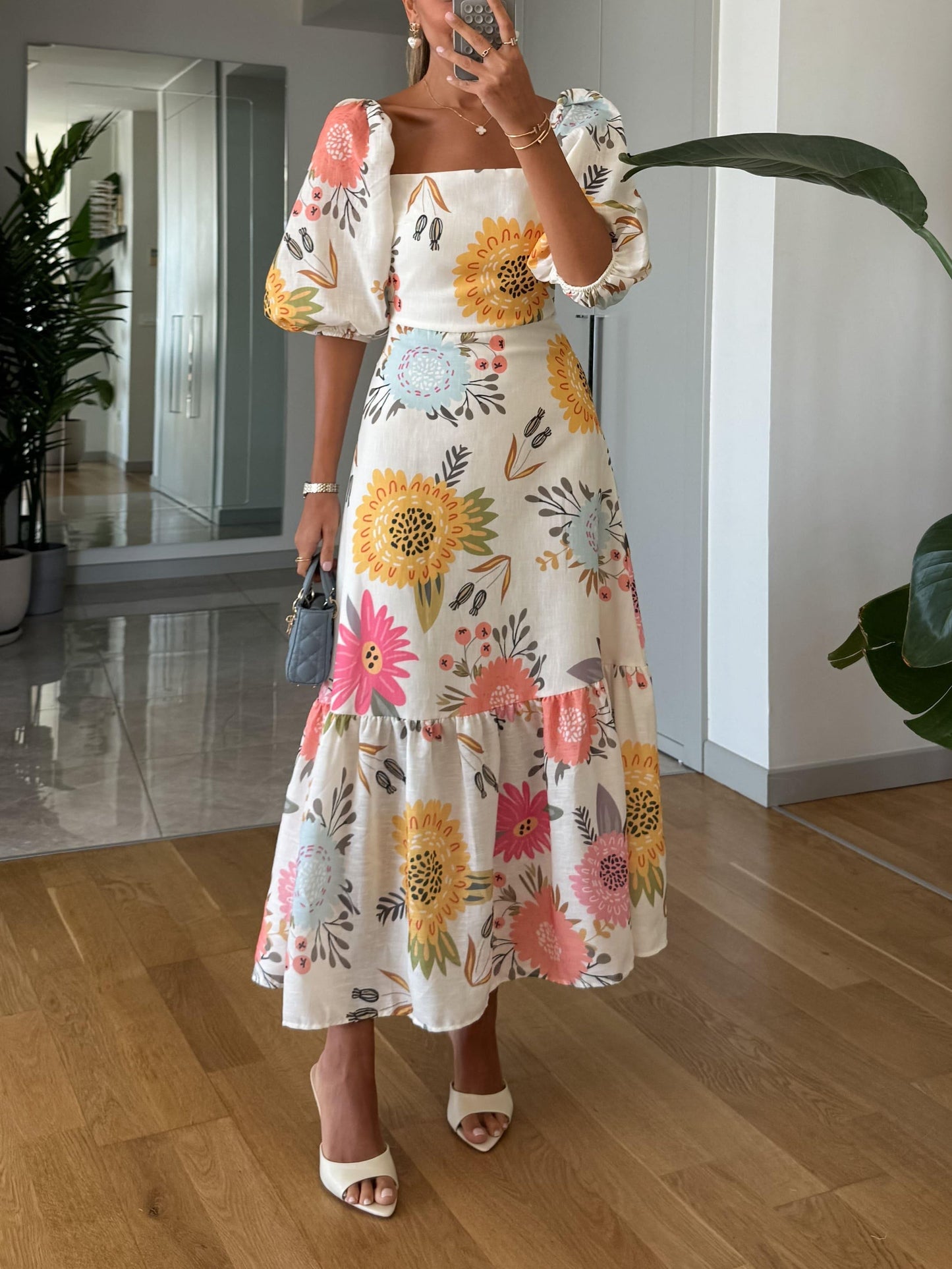 Women's Floral Print Midi Dress Puff Sleeve Square Neck - Vonnera