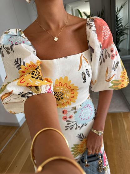 Women's Floral Print Midi Dress Puff Sleeve Square Neck