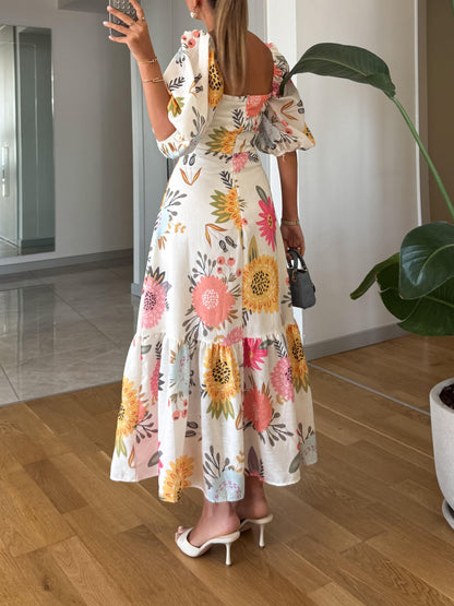 Women's Floral Print Midi Dress Puff Sleeve Square Neck