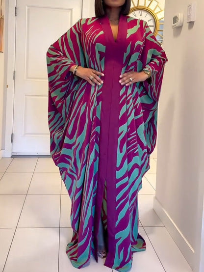 Women's Zebra Print Maxi Dress V-Neck Batwing Sleeves - Vonnera