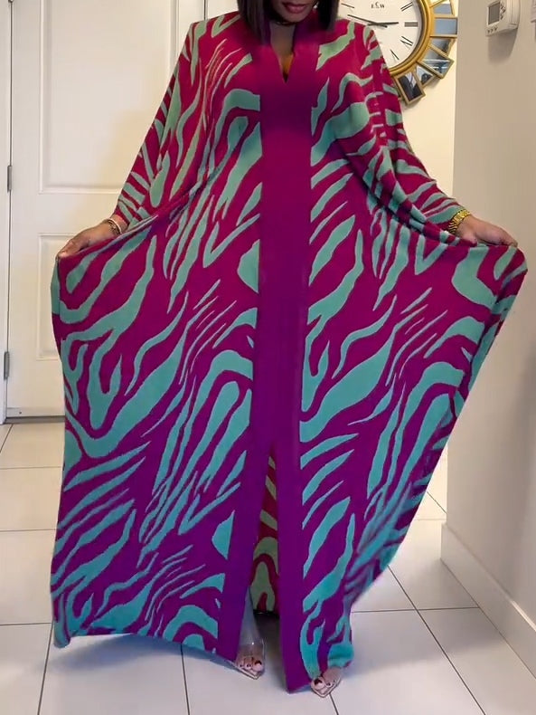 Women's Zebra Print Maxi Dress V-Neck Batwing Sleeves