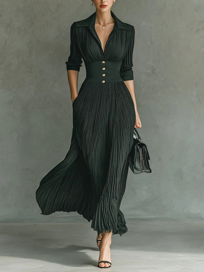 Women's Pleated Maxi Dress Belted Waist - Vonnera