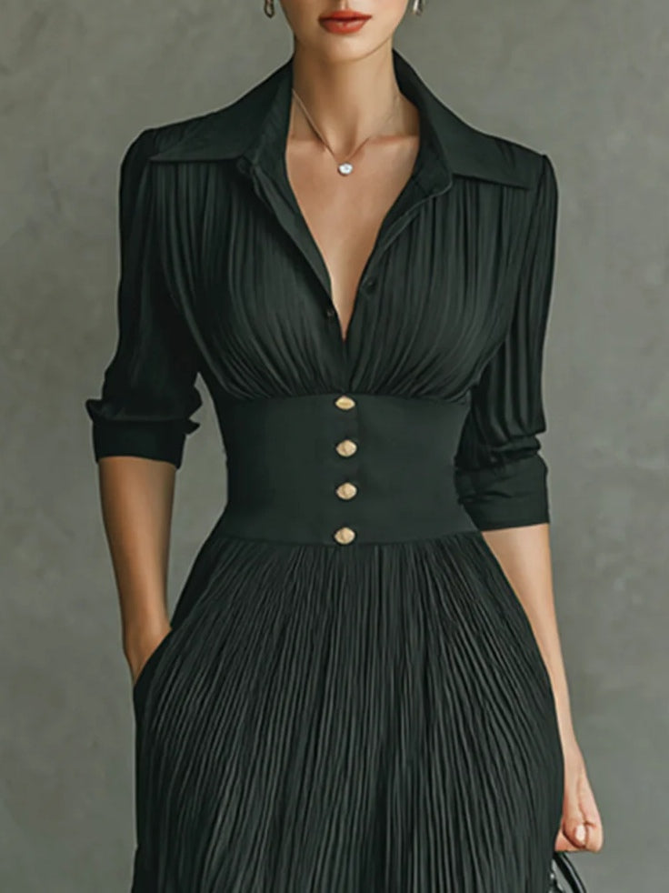 Elegant Women's Maxi Dress Pleated Lapel Waist
