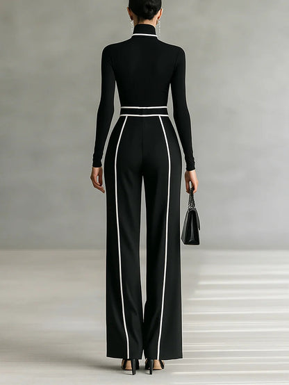 Women's High Neck And Wide Leg Pants Set With Belt