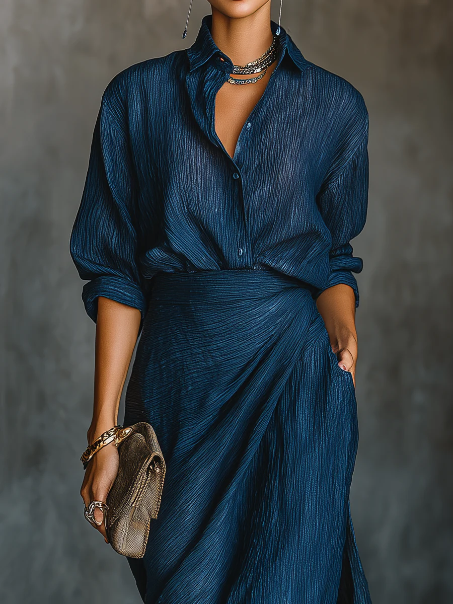 Women's Dark Blue Shirt And Skirt Set