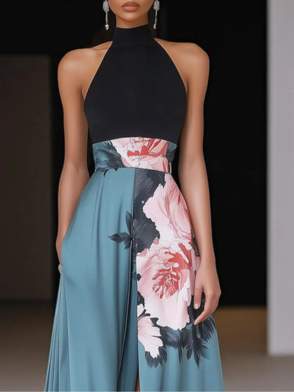 Women's Sleeveless Maxi Dress Black Floral A-Line
