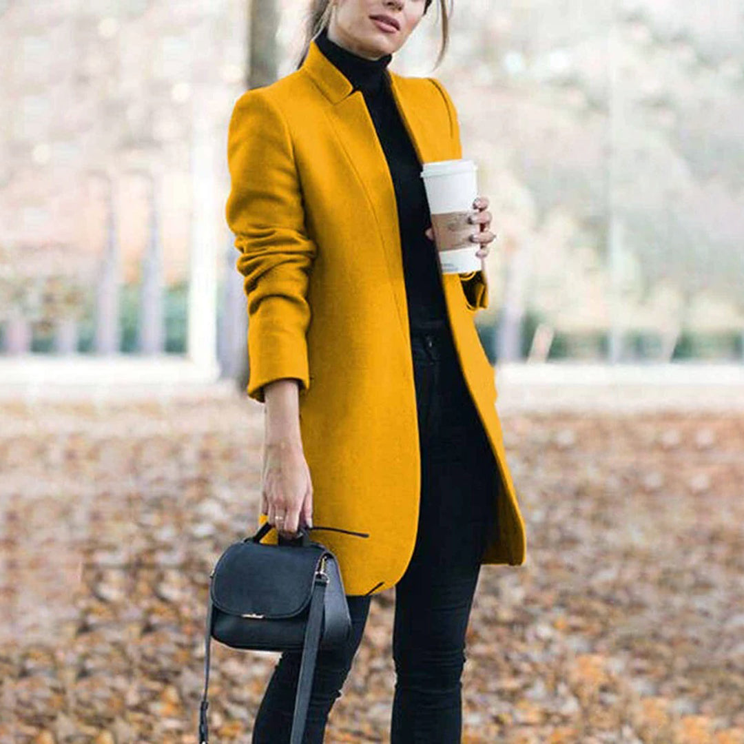 Women's Long Wool Trench Coat Stand Collar Sleek Fit Warm Beige