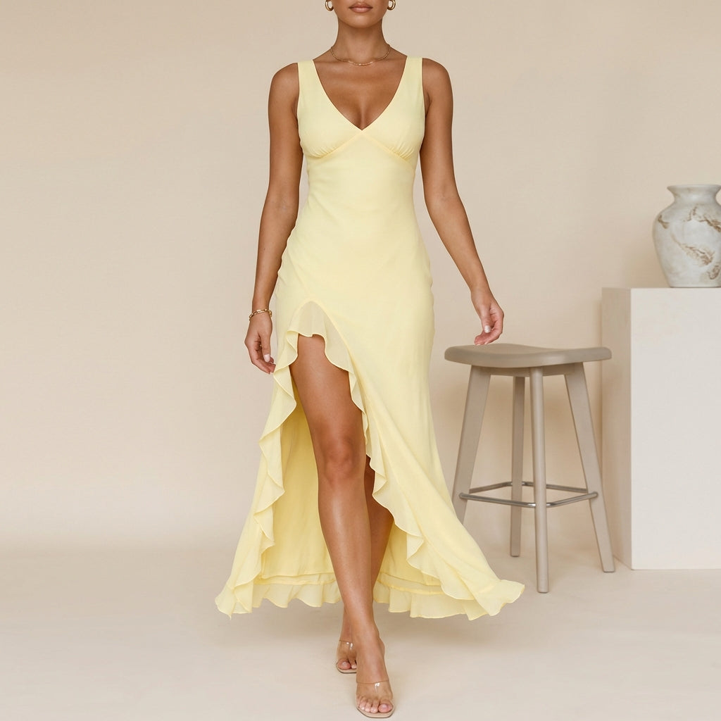 Women's Chiffon Maxi Dress Ruched Bodice Ruffled Slit - Vonnera