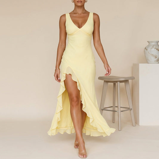 Women's Chiffon Maxi Dress Ruched Bodice Ruffled Slit - Vonnera