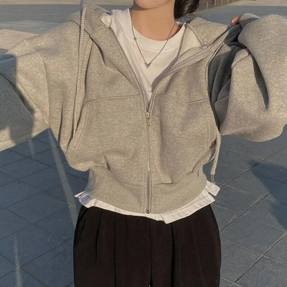 Women's Cropped Hoodie Oversized Cotton Zip-Up Black - Vonnera